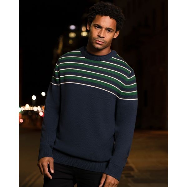 LFC Mens Navy Stripe Knit Crew Neck